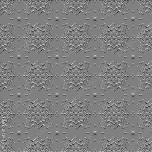 This is a seamless pattern with a 3D embossed effect, featuring an ornate floral and geometric design. The monochromatic gray tones create a textured, sculptural look, similar to carved plaster.