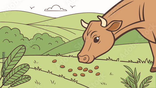 Brown cow eating grains in a green field with hills and birds in the sky