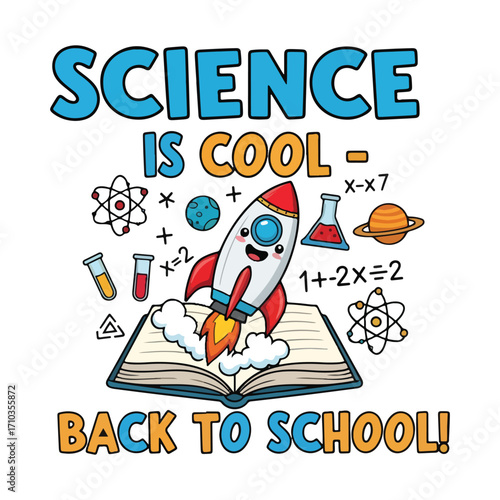 Cartoon rocket launching from book with equations and school related items halloween tshirt design