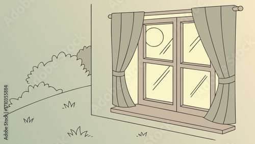 Window with curtains overlooking a garden