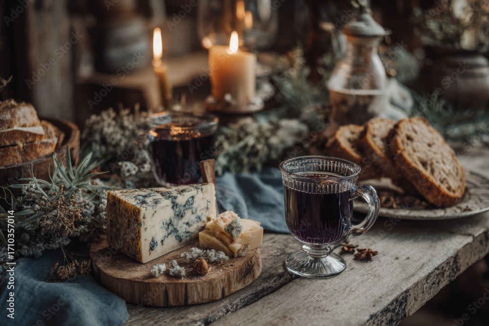 Naklejka premium Cheese sits with bread and beverage on a table.