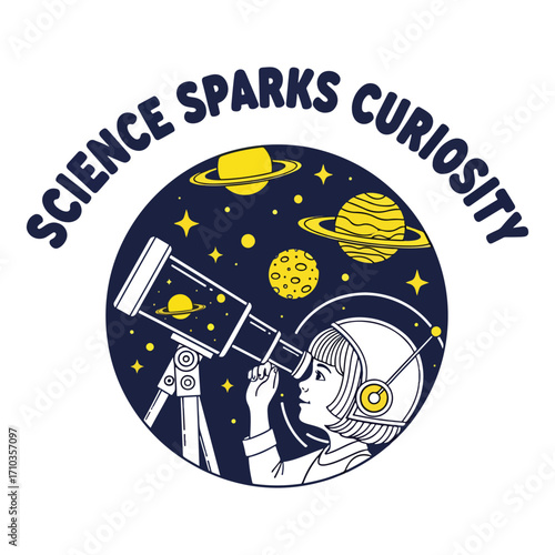 Girl in helmet looking through telescope at planets and stars in space graphic halloween tshirt design