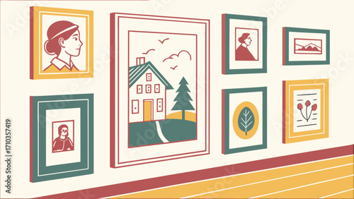 A gallery wall with various framed pictures and artwork in cartoon style