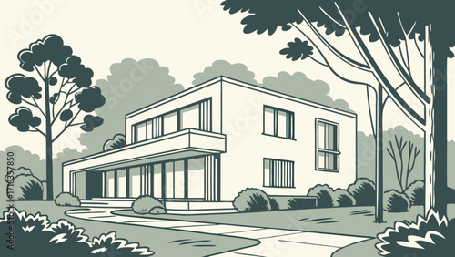 A modern house in the forest with trees and a path