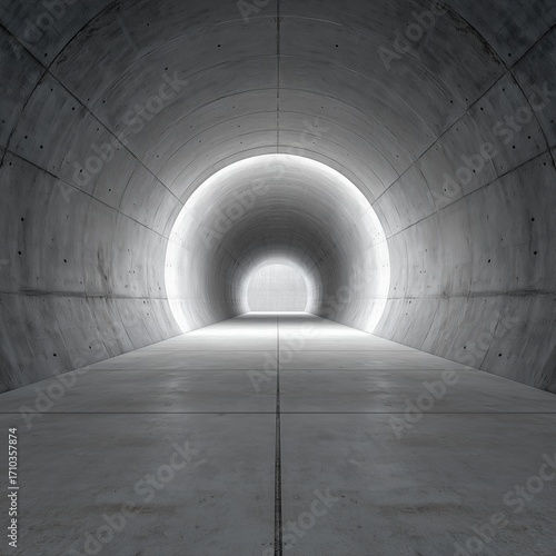 Illuminating Architectural Corridor: A stark concrete tunnel converges towards a glowing portal, symbolizing progress, transition, and the promise of new beginnings.