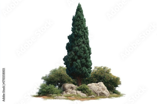 Wallpaper Mural Tall Evergreen Tree with Rocks and Shrubs on White Background Torontodigital.ca
