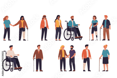 A Diverse Collection of Disabled People Celebrating World Disability Day, with Inclusive Vector Cartoon Illustrations of a Man in a Wheelchair, a Blind Person, and People with Prostheses