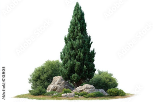 Wallpaper Mural Tall Cypress Tree Surrounded by Rocks and Greenery on White Background Torontodigital.ca