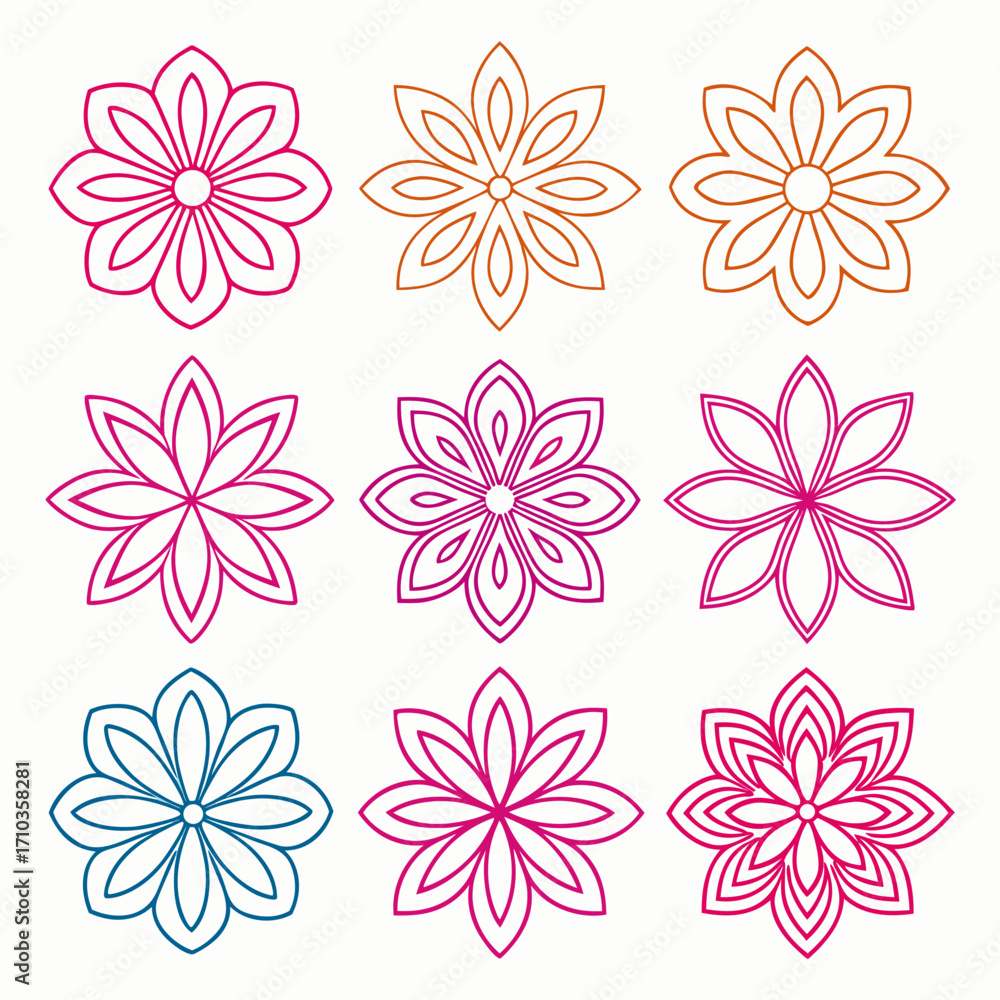 Fototapeta premium Nine colorful geometric flower outlines floral