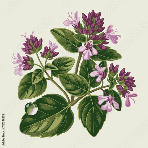 Fresh Oregano Herb Illustration with Green Leaves and Flowers