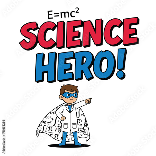 Cartoon of a boy dressed as a science hero with cape and lab coat pointing out halloween tshirt design