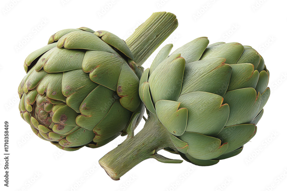 Obraz premium Close-up of two fresh green artichokes on black background, cut out