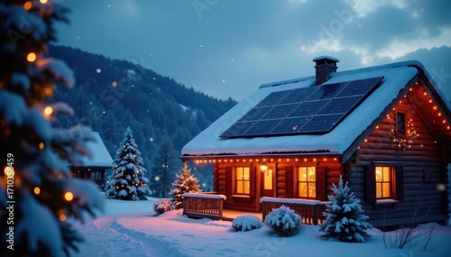 Solar panels on a snow-dusted roof, festive lights twinkle below, sustainable, energy saving, night