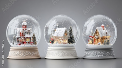 Set of three festive glass snow globes with christmas decoration design featuring transparent domes on podium surrounded by white snowdrifts, magical winter holiday ornament display for seasonal backg