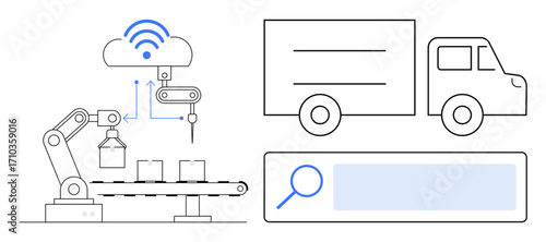 Automated robot arm working on assembly line, cloud-connected network, delivery truck, and search bar. Ideal for logistics, supply chain, technology, AI, cloud computing automation simple landing