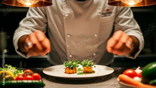 Wallpaper Mural A person in a white uniform garnishes two small food portions with fresh greens on a white plate surrounded by various raw vegetables on a counter Torontodigital.ca
