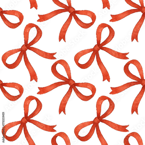 Watercolor seamless pattern of bows, red, ribbons, delicate hand painted style, cute and decorative, vector, seamless repeat	
