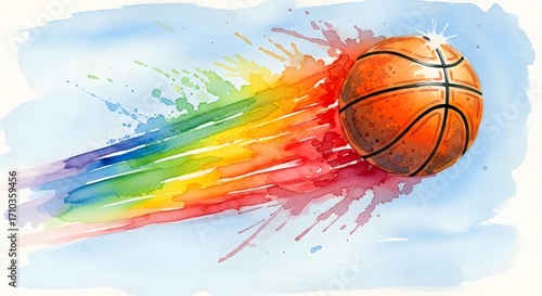 Watercolor basketball with rainbow splash and light blue background sport game