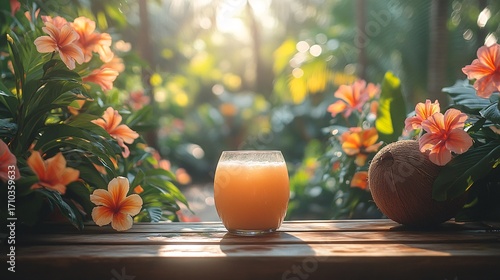 Glass Of Orange Juice In Tropical Garden Setting With Hibiscus Flowers And Plants. Sunlight On Wooden Table. A Refreshing Beverage. Still Life Photography.  Closeup View. Warm Light.  Outdoor Scene