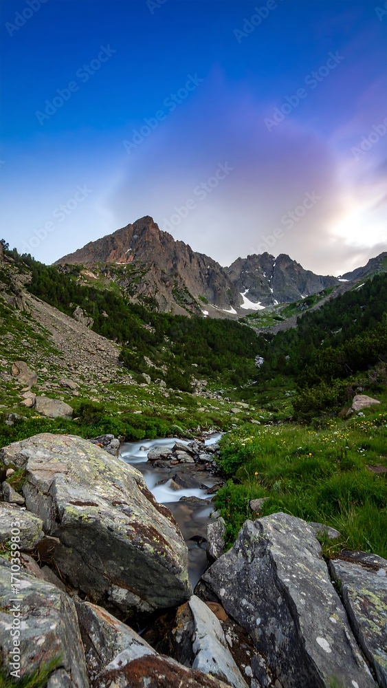 Obraz premium Mountain valley stream at dawn