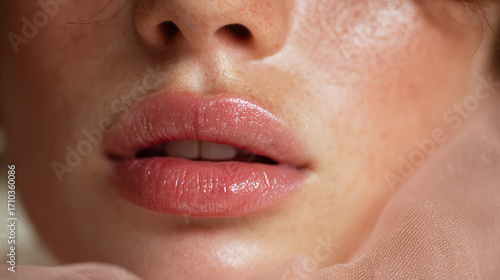 Macro shot of glossy lips with smooth, natural skin texture and soft pink tones in gentle lighting