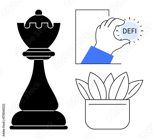 Black chess piece symbolizes strategy, hand with DeFi coin highlights blockchain finance, and potted plant signifies growth. Ideal for cryptocurrency, innovation, leadership, investment
