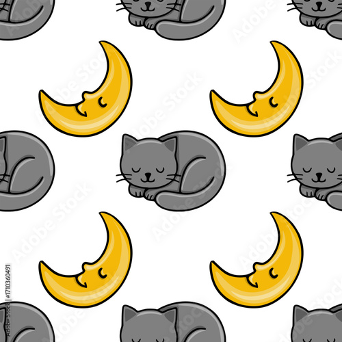 Seamless vector pattern featuring adorable sleeping grey cats and a cheerful yellow crescent moon, creating a whimsical and calming night-themed design perfect for children's products or textile pr...