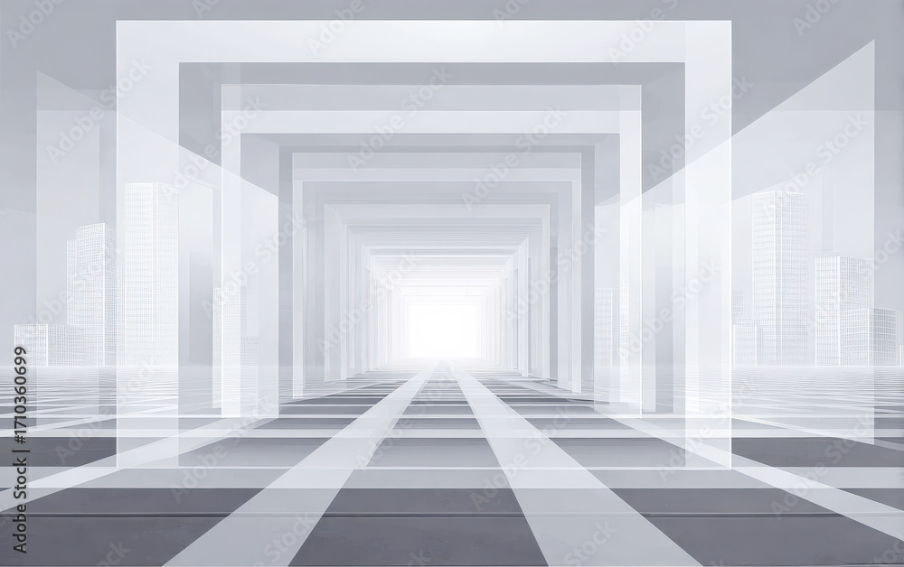 Obraz premium Abstract geometric corridor with light at the end in monochrome