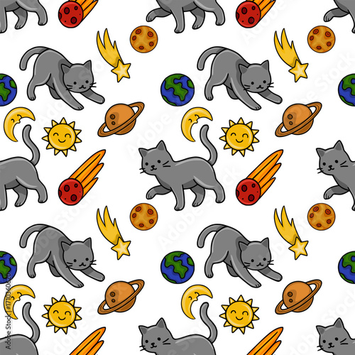 Seamless vector pattern featuring adorable grey cats playfully interacting with cartoon planets, stars, comets, and a smiling sun, creating a whimsical and joyful cosmic scene.