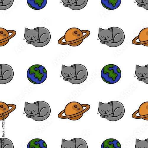 Seamless vector pattern featuring adorable sleeping grey cats nestled amongst stylized planets, including Earth and Saturn, creating a whimsical cosmic design perfect for textile prints or kids' pr...