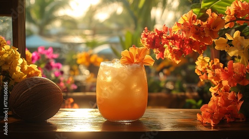 Golden Hour Tropical Cocktail with Orange Blossoms Drink Recipe Ideas & Inspiration for Summer Fun at the Beach Bar And Resort Relaxation Destinations With Vibrant Backgrounds of Sunsets and Golden