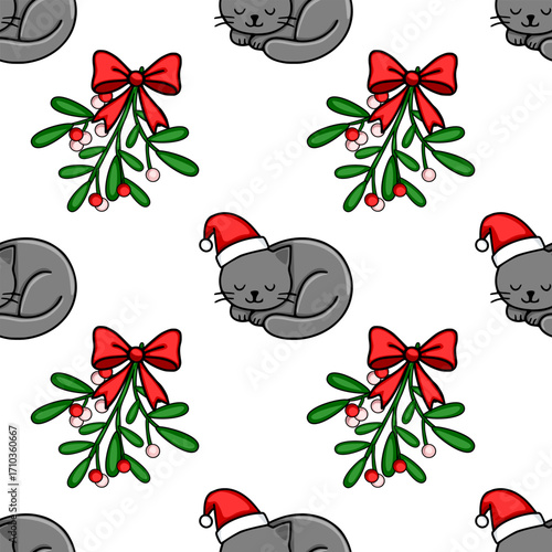 Seamless vector Christmas pattern featuring adorable sleeping grey cats in Santa hats and mistletoe sprigs with red bows, creating a charming festive design.