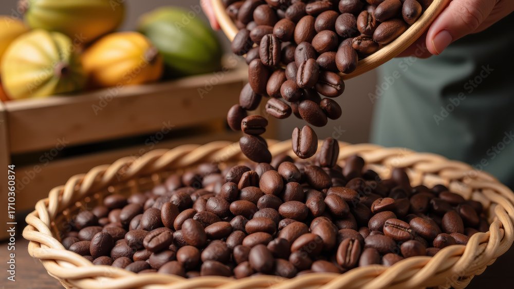 Fototapeta premium Freshly roasted coffee beans are being poured from woven basket, showcasing their rich color and texture, with fruits in background
