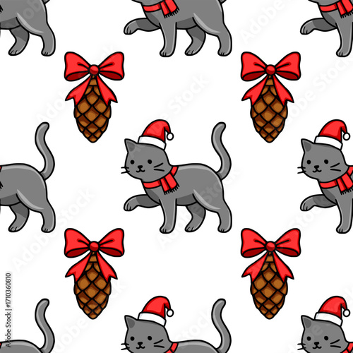 Seamless vector pattern featuring adorable grey cats wearing Santa hats and red scarves, playfully interacting with pine cones adorned with red bows, creating a charming Christmas design.