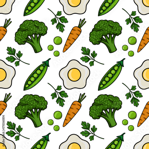Seamless vector pattern featuring vibrant illustrations of broccoli, carrots, peas, parsley, and fried eggs, creating a cheerful and healthy food theme.