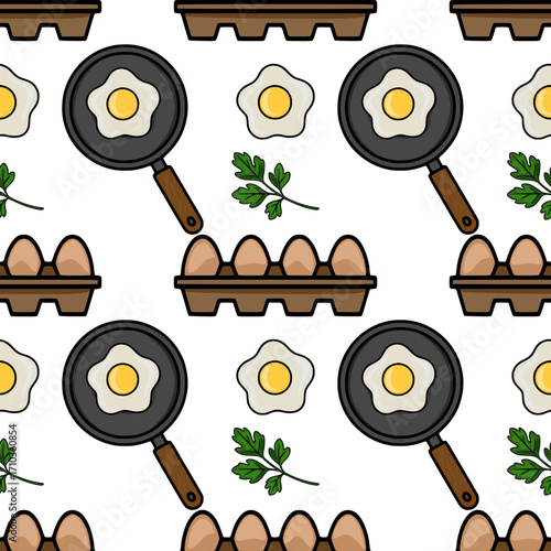 Seamless vector pattern featuring fried eggs in a pan, eggs in a carton, and parsley sprigs, creating a cheerful and appetizing kitchen-themed design.