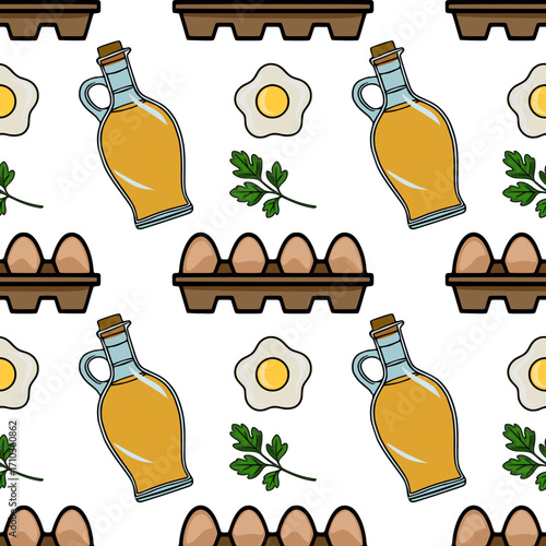 A delightful vector seamless pattern featuring a cheerful arrangement of eggs in a carton, a bottle of cooking oil, fried eggs, and fresh parsley sprigs, creating a vibrant and appetizing kitchen-t...