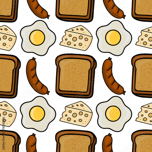 Seamless vector pattern featuring a cheerful breakfast illustration with fried eggs, toast, sausage, and cheese, perfect for kitchen textiles or packaging design.