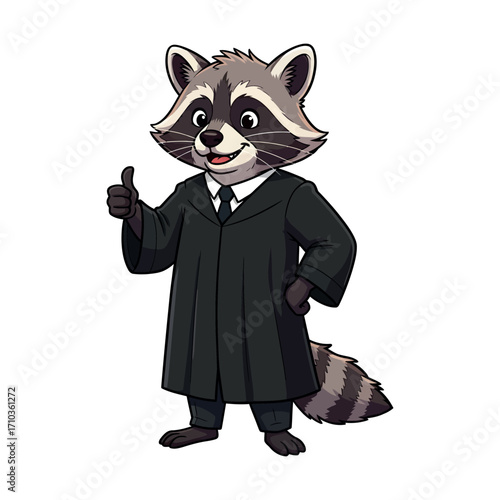 Friendly Cartoon Raccoon Judge Mascot in Robe Giving Thumbs Up for Legal Education Illustration