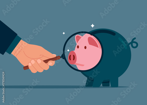 Savings. Hand holding a magnifying glass analyzing piggy bank. Modern vector illustration in flat style