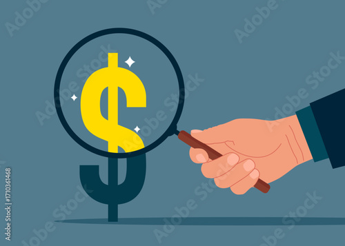 Hand holding a magnifying glass analyzing dollar prices. Revenue growth or investment profit. Flat vector illustration.