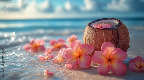 Pink Flowers and Coconut Drink on Tropical Beach at Sunset. Tropical Flowers and Beach Drink. Exotic Sunset. Beach Paradise. Relaxation. Summer Vacation.  Ocean View. Bright Colorful Image. Serene
