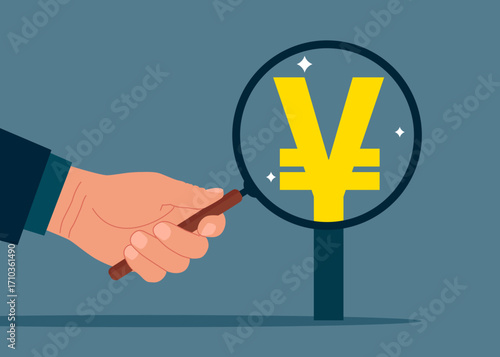 Hand holding a magnifying glass analyzing Japanese yen prices. Revenue growth or investment profit. Flat vector illustration.