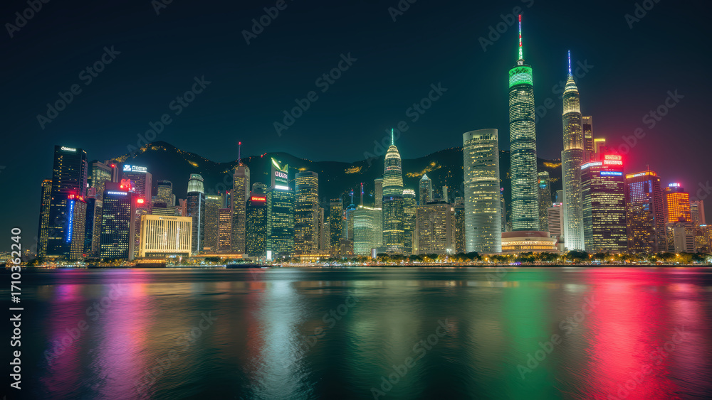 Fototapeta premium Stunning city skyline at night with illuminated skyscrapers reflecting on water, showcasing modern architecture and vibrant lights