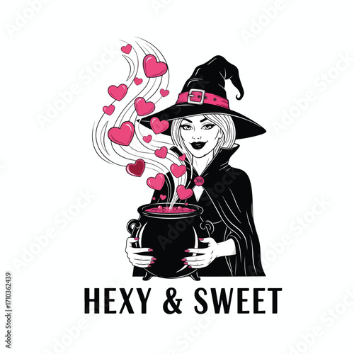 A woman in a pointy hat and cape holding a cauldron with hearts floating out of it halloween tshirt design