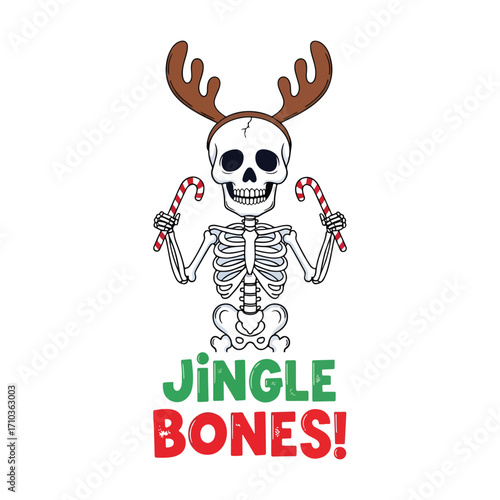 Skeleton with antlers holding candy canes and the words jingle bones below him halloween tshirt design