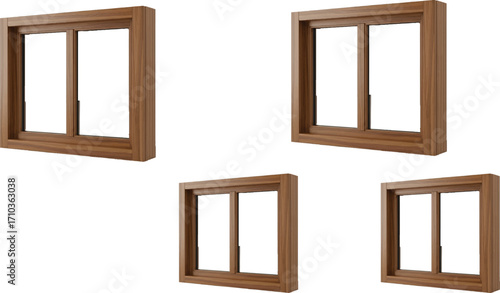 the image . It shows four wooden-framed sliding windows arranged against a white background.