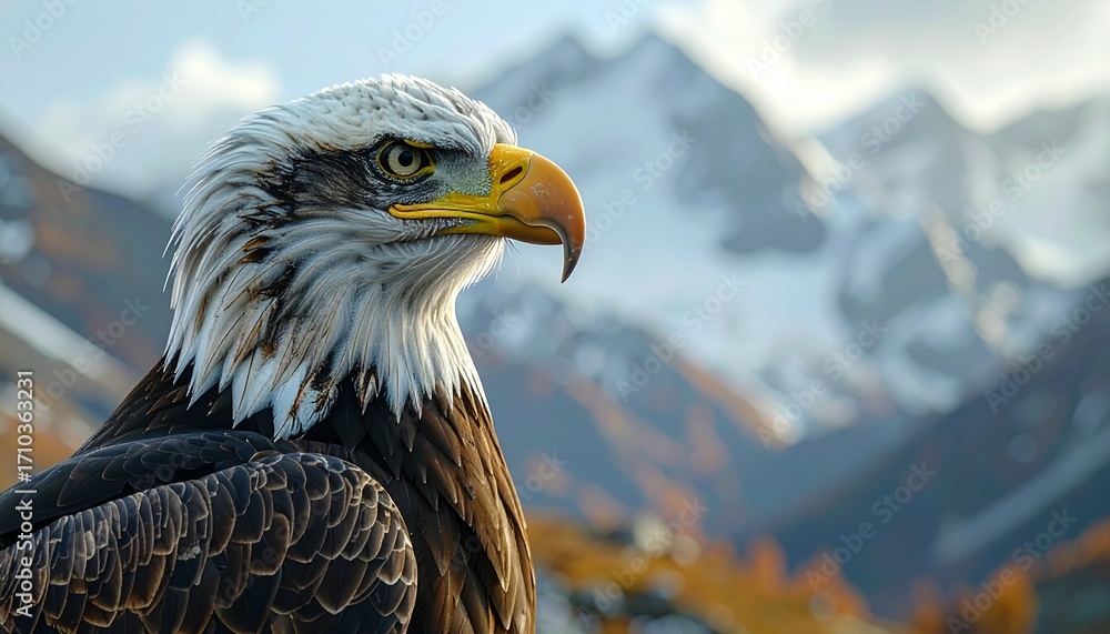 Obraz premium Bald eagle against a mountain backdrop, a cinematic portrait of majestic power, wild nature, and bird of prey beauty.
