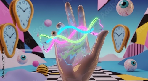 Surreal Dreamscape with Abstract Hand, Melting Clocks, and Floating Eyeballs
