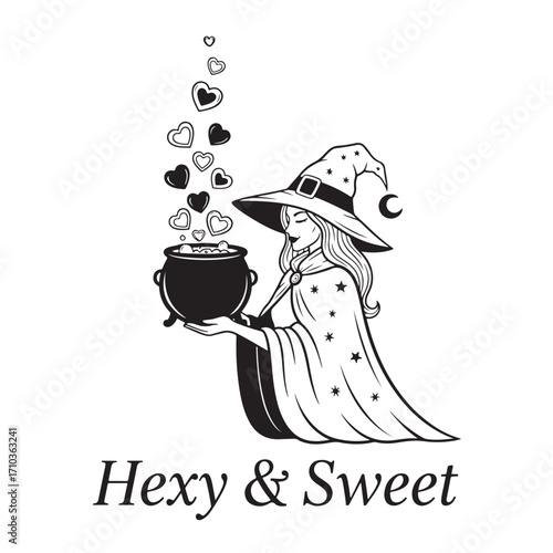 Graphic of a sorceress with cauldron and hearts in black and white outline art halloween tshirt design